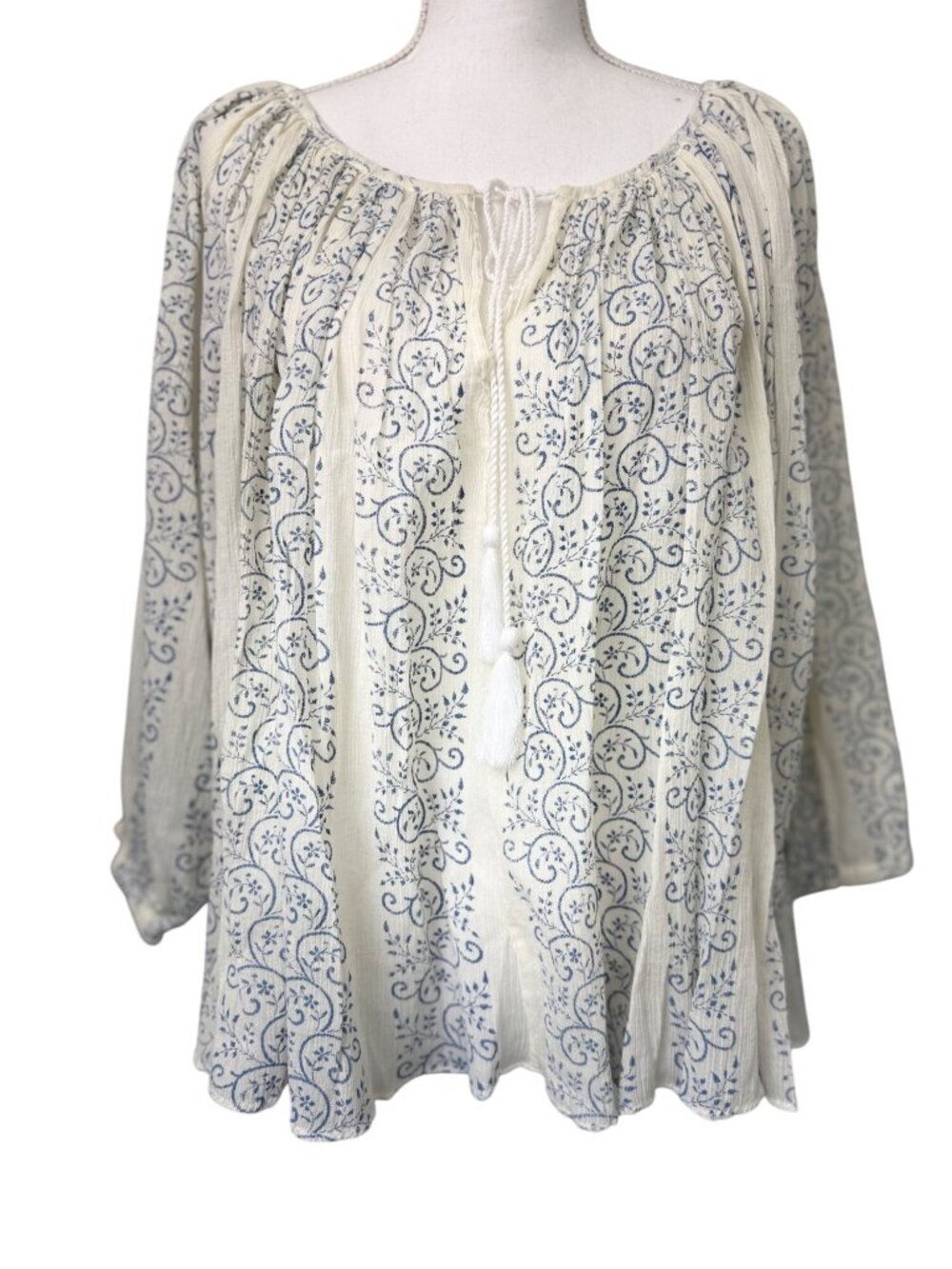 True Religion Boho Top S Blue White Trellis Print Princess Seams Nautical Shear